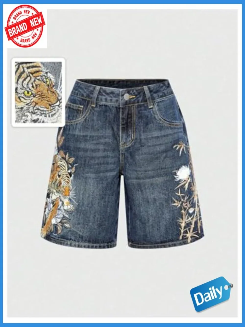 Womens Vintage Graphic Denim Shorts Wide Leg Baggy Bermuda with Pockets